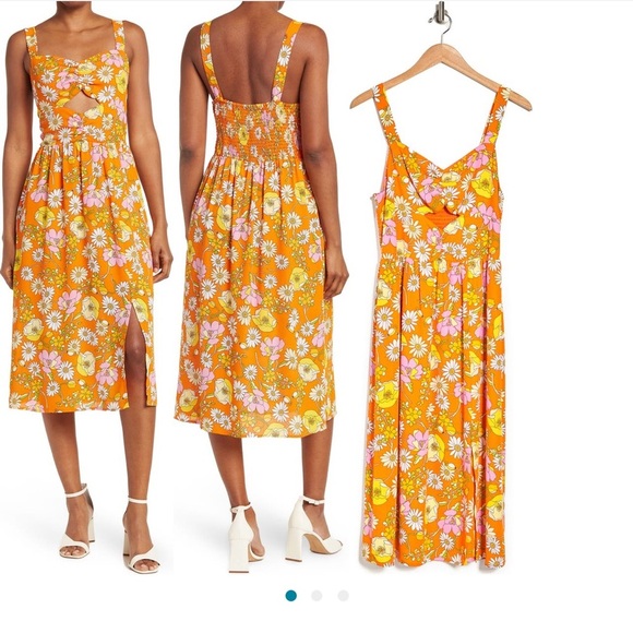19 Cooper Dresses & Skirts - Floral Waist Cutout Midi Dress In Coral Florals